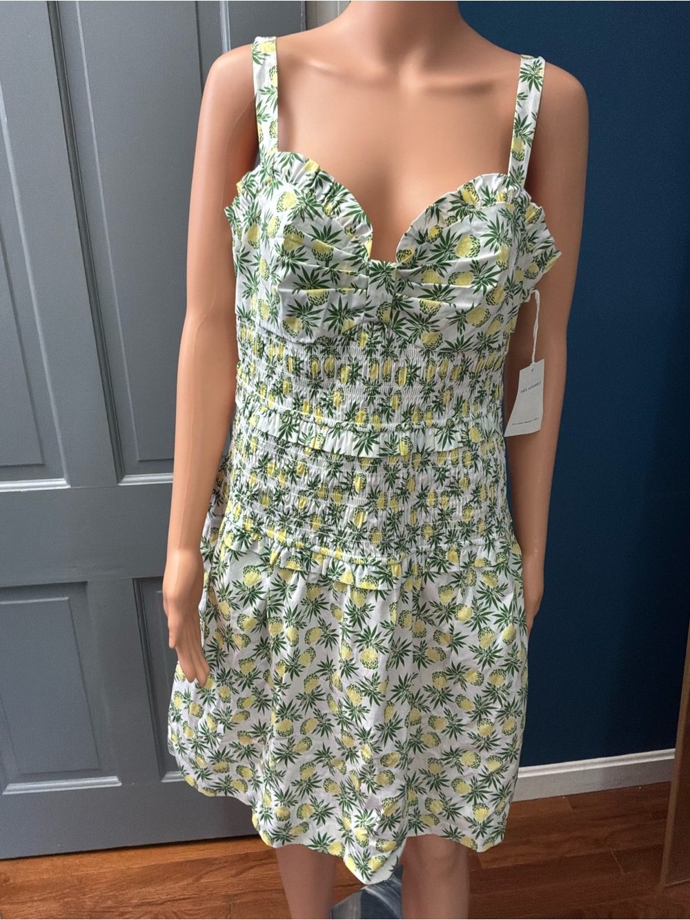 White Pineapple-Print Smocked Sundress with Sweetheart Neckline
